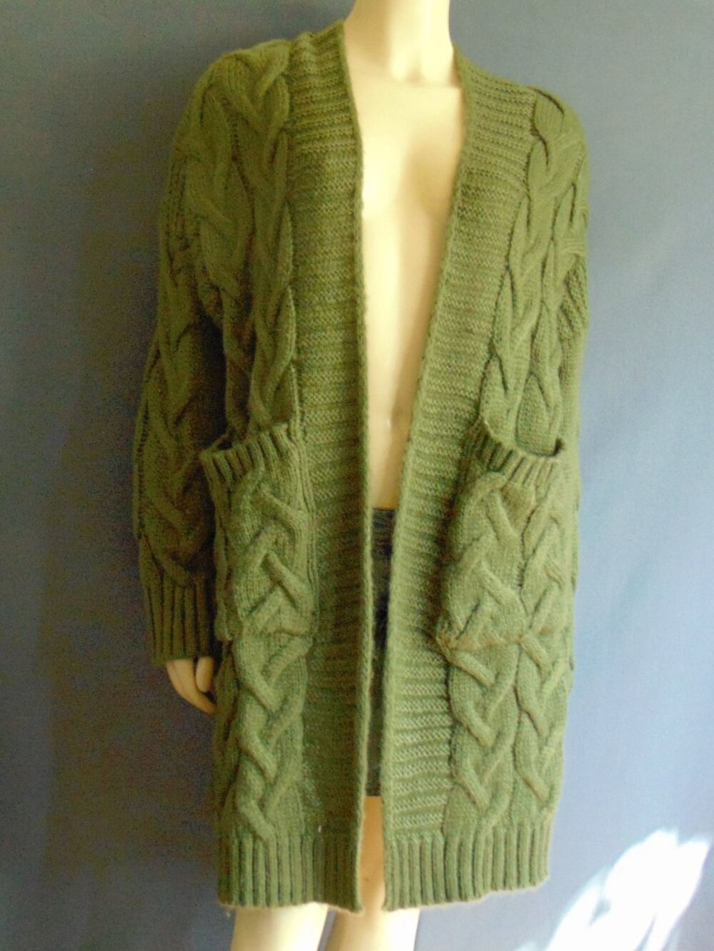 Olive Green Cable Thick Pocket Open Cardigan Sweater Coat M